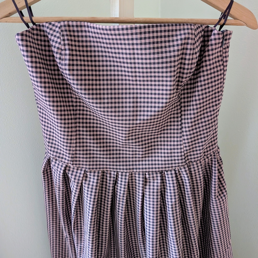NWT Zara Strapless Gingham Patterned Midi Dress in Burgundy/White - S - Picture 12 of 16